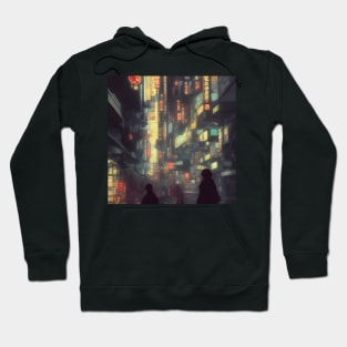 Urban Atmosphere Artistry - Moody Anime Noir Cinematic Japanese Cityscape Hoodie